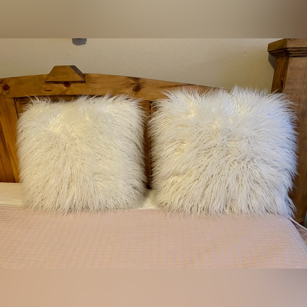 Luxurious White Faux Fur Accent Pillows, Set of 2